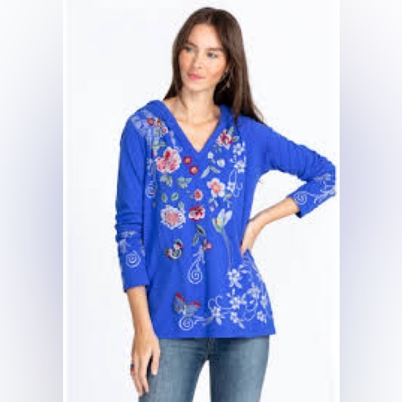 Johnny Was Tops - Johnny Was Jailyn‎ Beach Hoodie Embroidered Blue Boho Artsy Unique Size XS